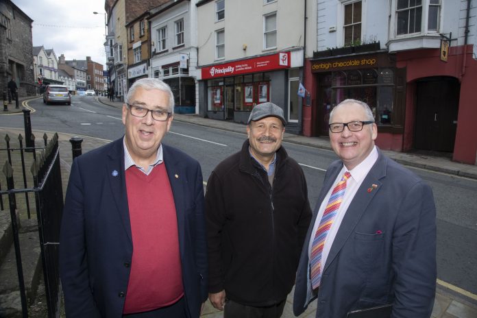 Police and crime Commissioner for North Wales Arfon Jones with Denbigh resident George Demir and Cllr Mark Young.